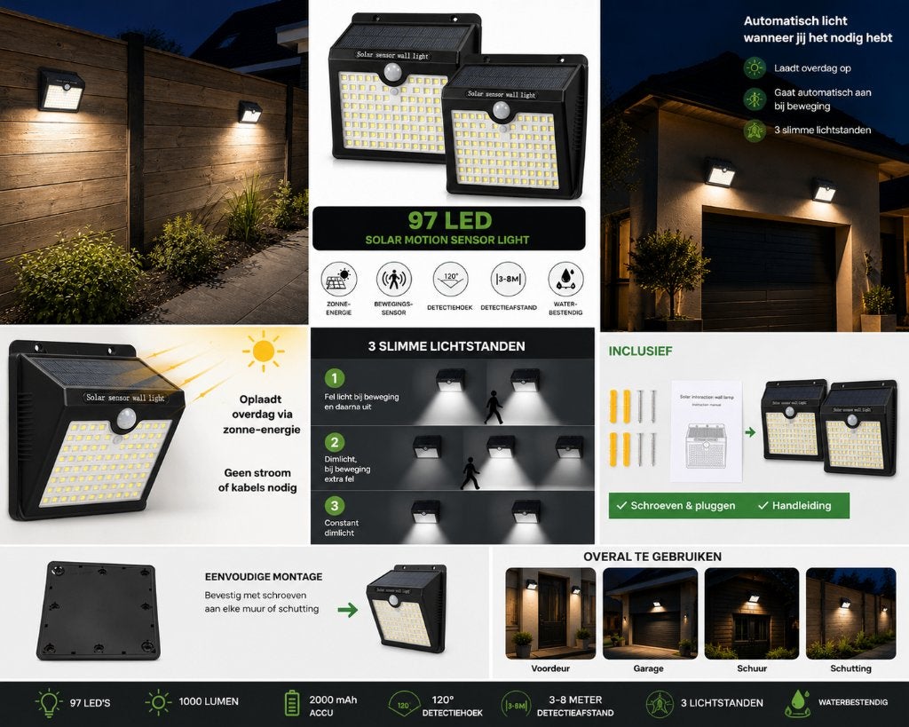 2x Solar buitenlamp met sensor 97 LED, Zonne-energie, Kunststof, Verzenden, Minder dan 50 watt