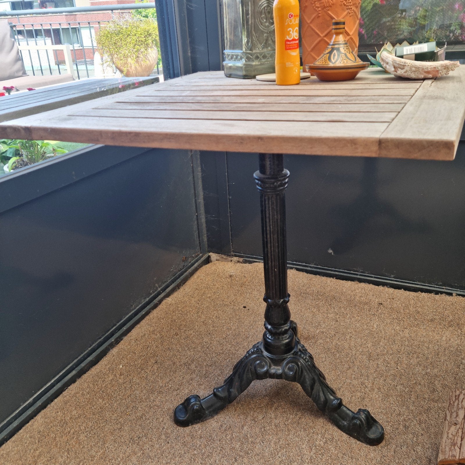 Bistrotafel zwart gietijzer tafel teak houten blad, Ophalen, Rechthoekig, Hout