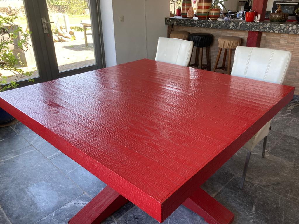 Piet Hein Eek eettafel, massief rood hout, Huis en Inrichting, Tafels | Eettafels, Ophalen, Gebruikt, 100 tot 150 cm, Vierkant