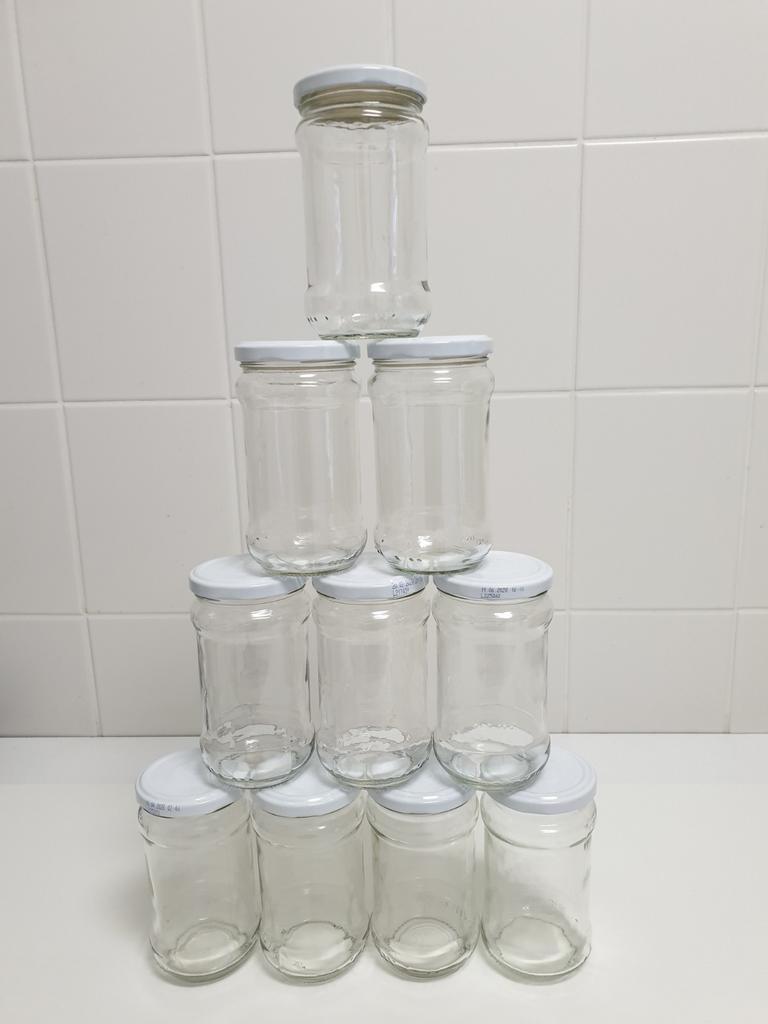 8 Lege glazen potten 300ml met witte metalen deksel, Huis en Inrichting, Keuken | Potten en Pannen, Ophalen of Verzenden, Zo goed als nieuw