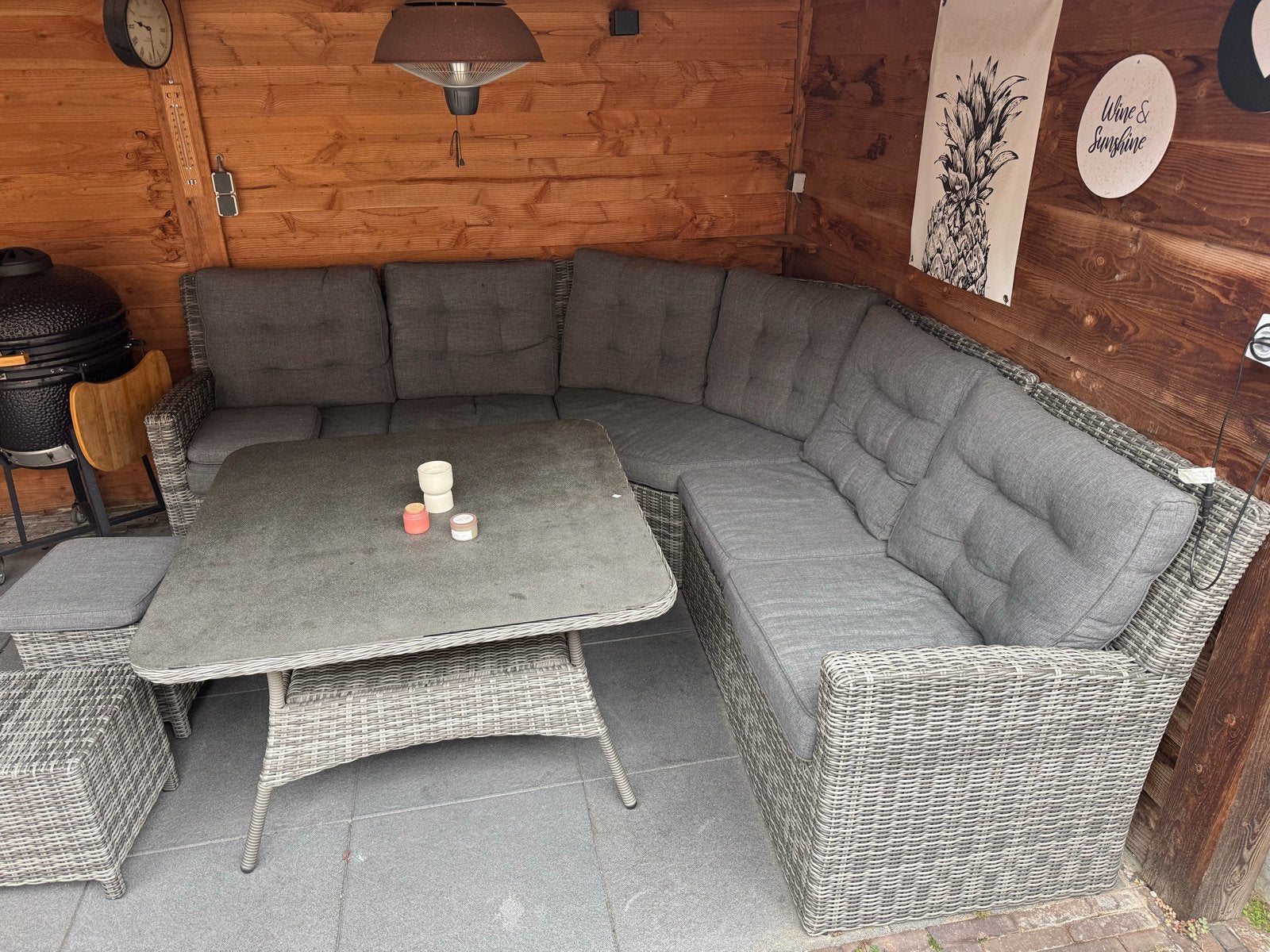 Wicker Loungeset met Tafel en Hocker - Grijs