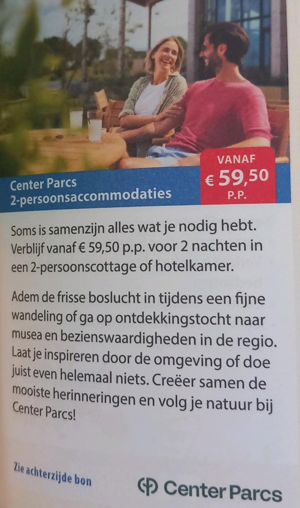 Centerparcs hoge korting 59,50 pp voor 2 personen