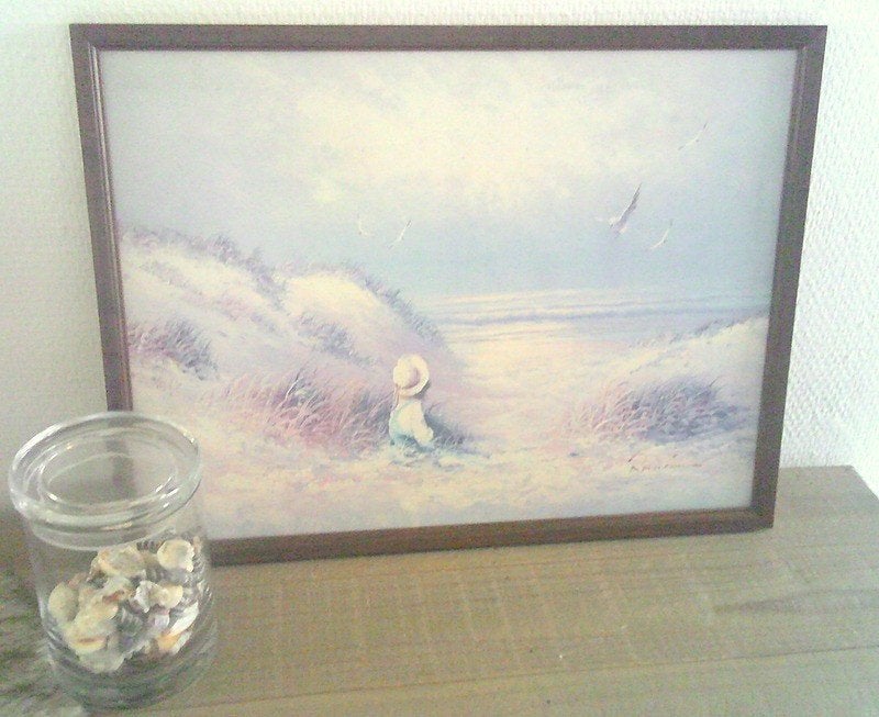 Vintage afbeelding van een strand uitzicht met kind, Ophalen of Verzenden