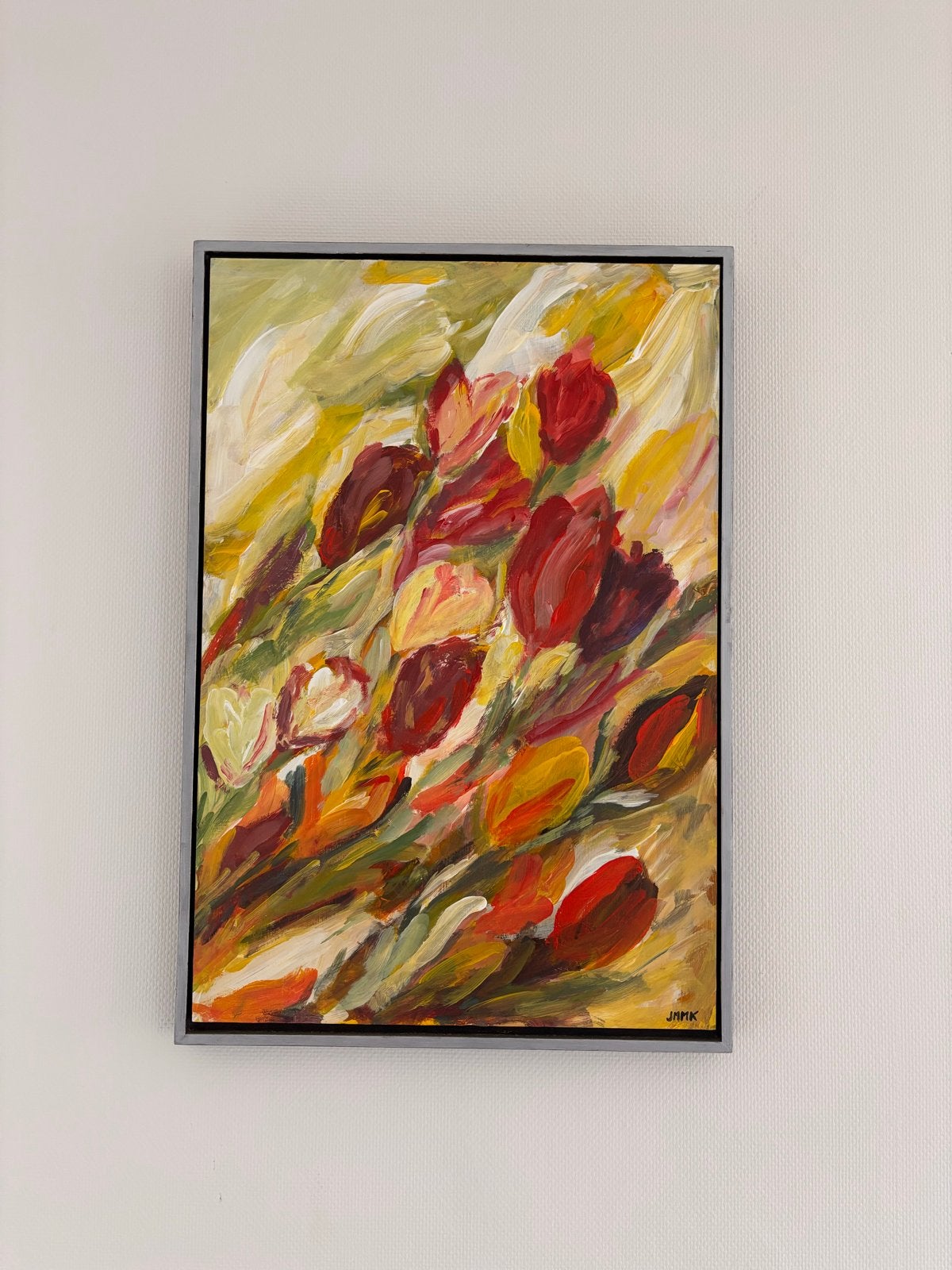 Levendig schilderij van tulpen in warme tinten, Doek, Expressionistisch, Gesigneerd, Olieverf