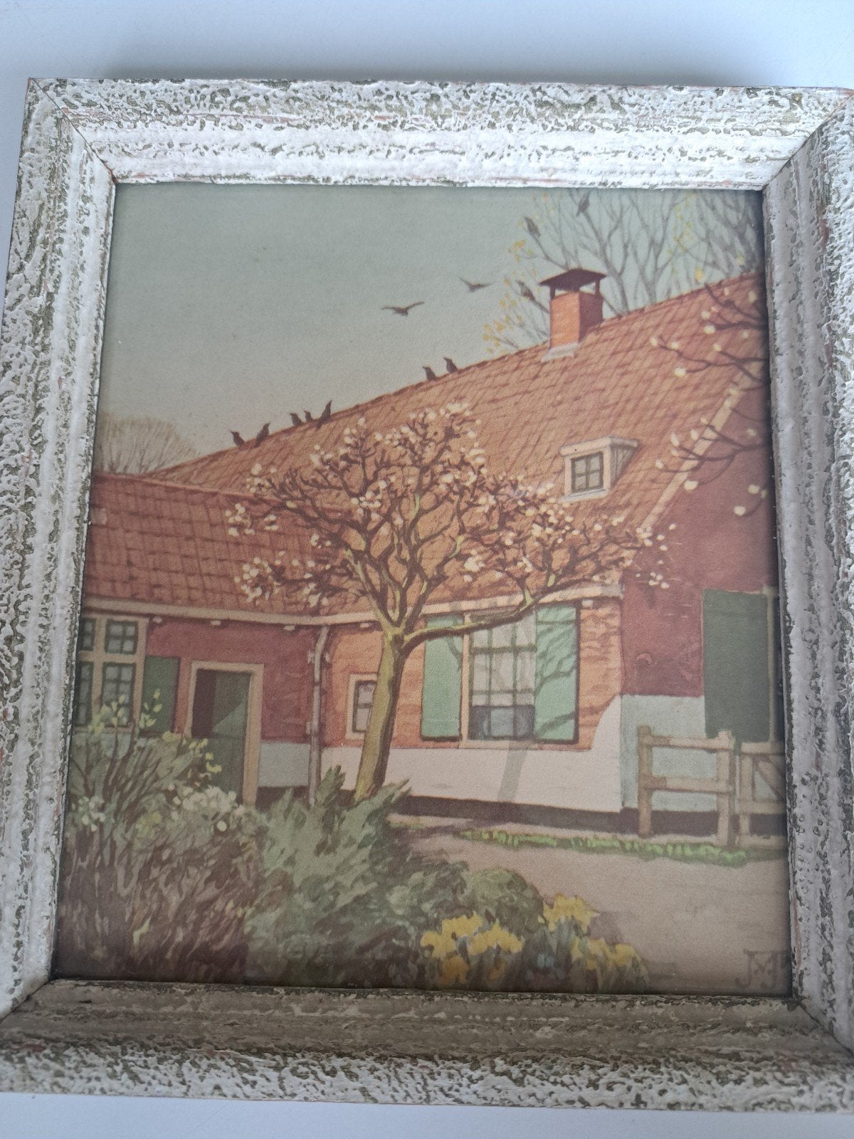 Vintage print van huis met boerderij, bloesem en vogels, 18x, Huis en Inrichting, Ophalen of Verzenden