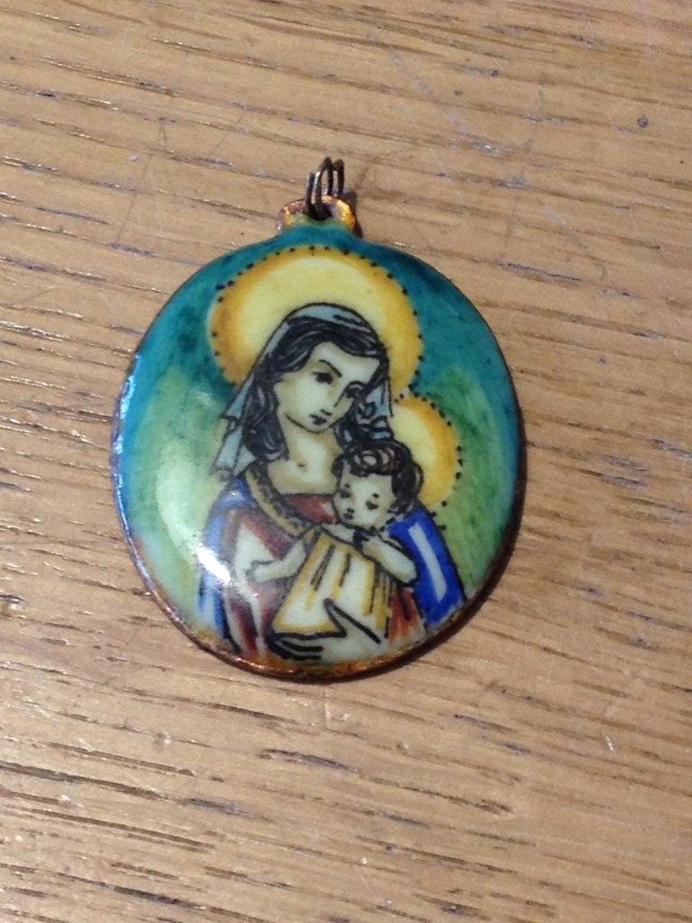 Hanger van emaille antiek Maria Met kind, Verzenden