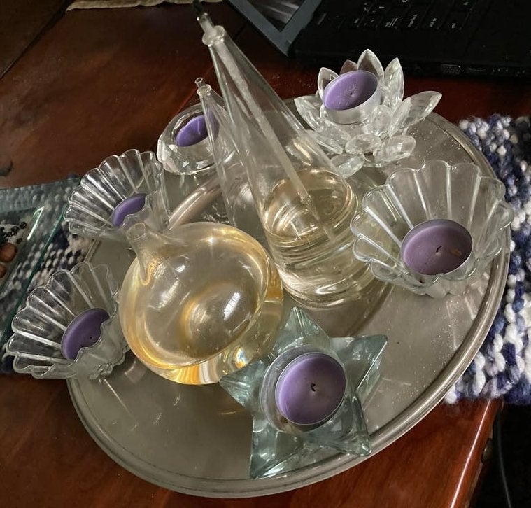 Decoratieve glazen set met kaarsen op dienblad, Ophalen of Verzenden