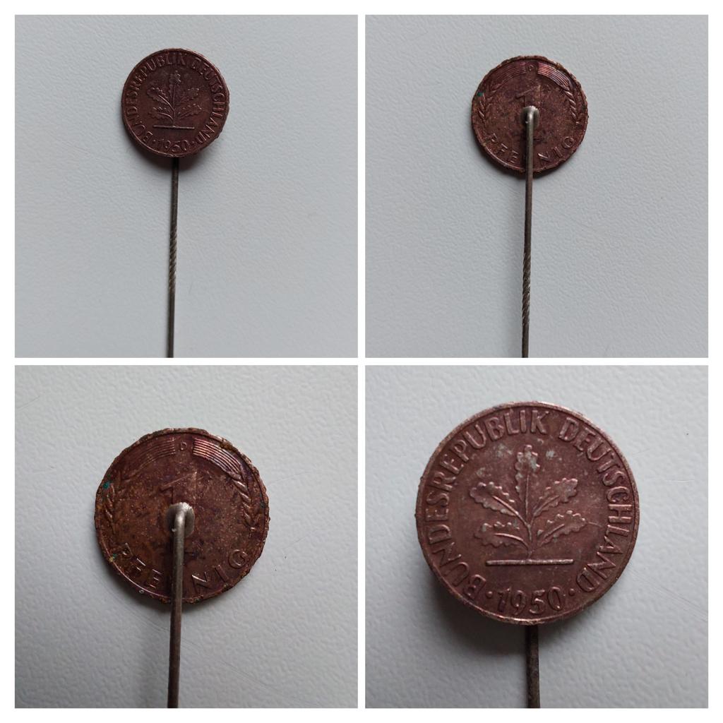 Duitse munt op speld 1950, Verzamelen, Ophalen of Verzenden, Overige onderwerpen