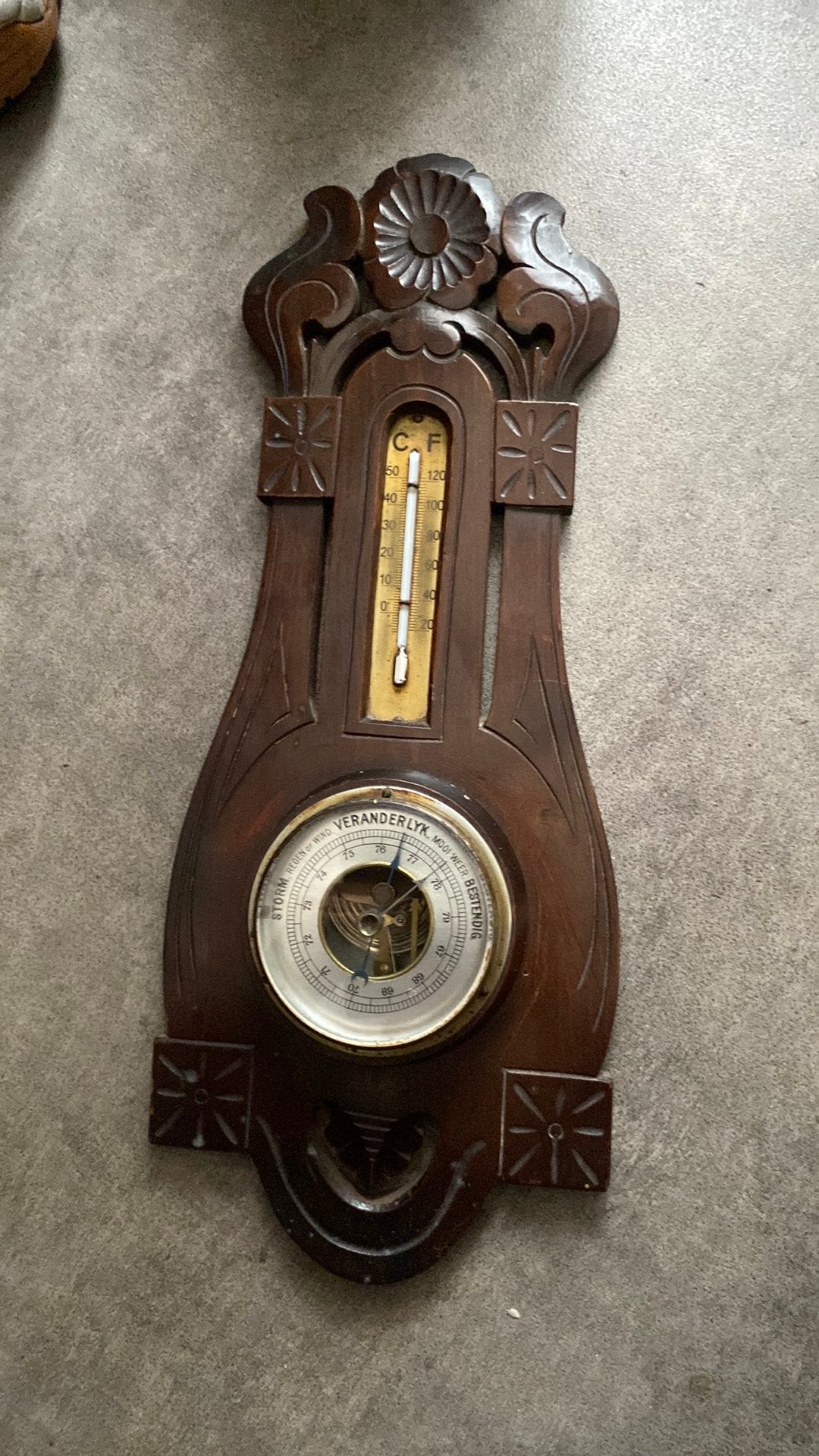Antieke Barometer met Thermometer - Houtsnijwerk, Ophalen of Verzenden, Gebruikt, Barometer