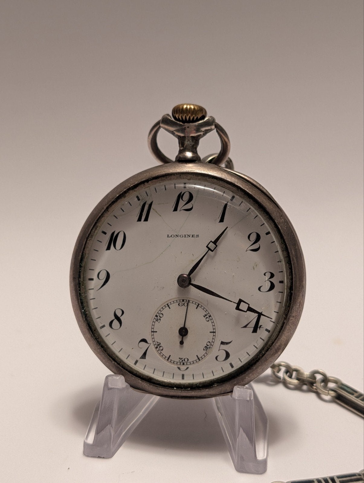 Zilveren Longines Zakhorloge met Ketting (Ca. 1923), Sieraden, Tassen en Uiterlijk, Horloges | Antiek, Zakhorloge, 1900 tot 1930