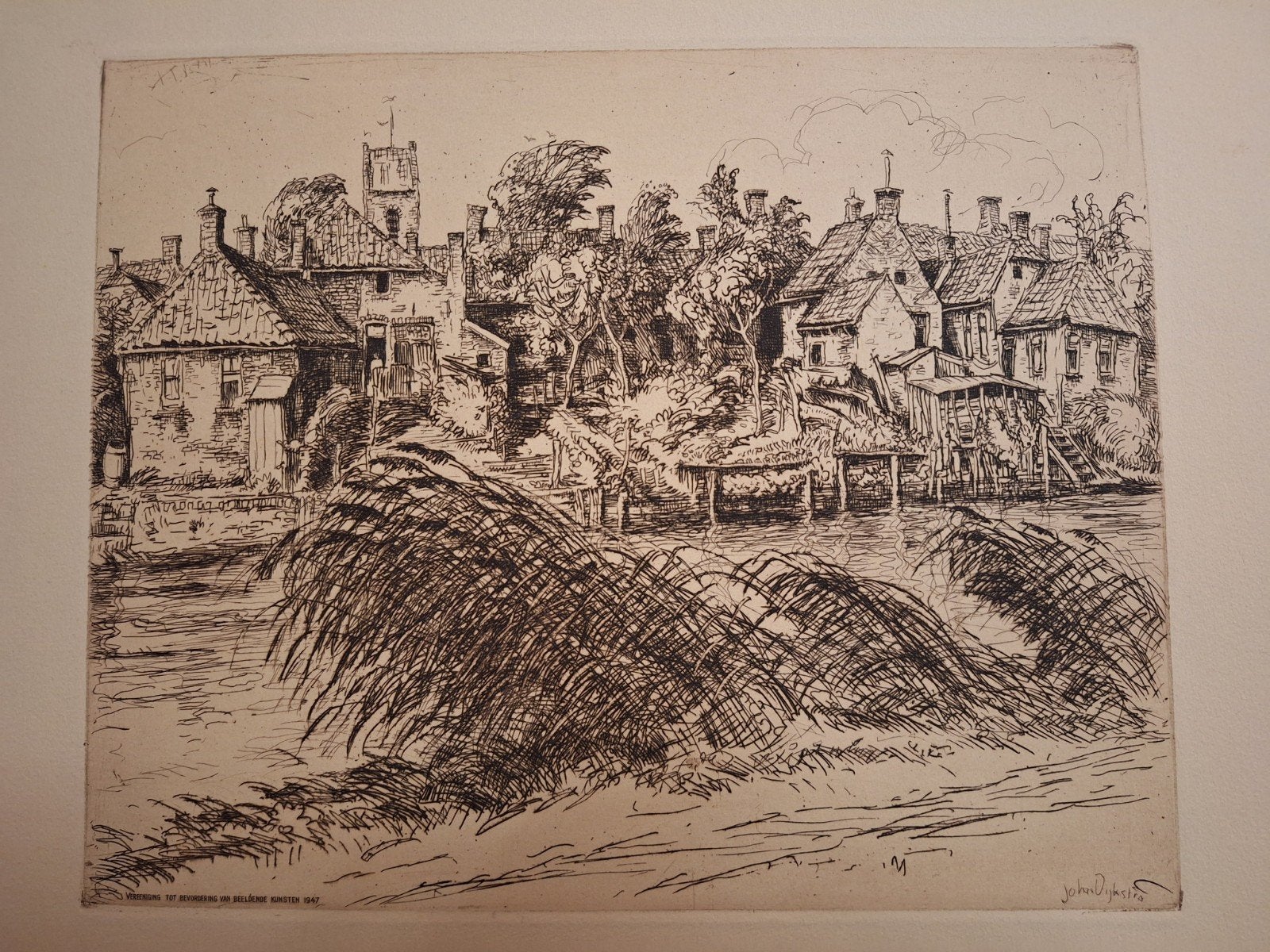 Ets Groningen van Johan Dijkstra, Antiek en Kunst, Ets, Stadsgezicht, Ophalen of Verzenden, Origineel