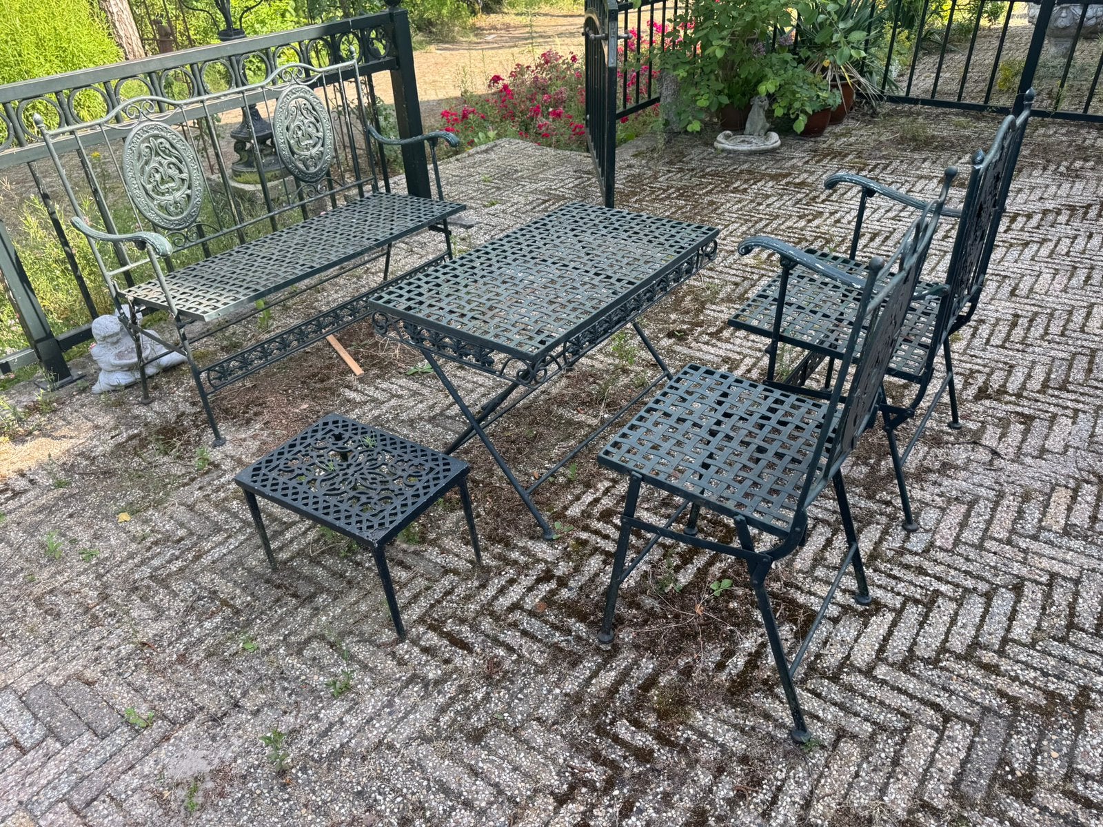 Franse gietijzeren tuinset - 2 stoelen, bank, tafel, Tuin en Terras, Tuinsets en Loungesets, Ophalen