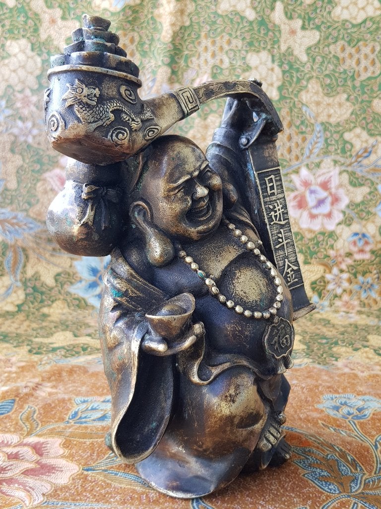 Mooi zwaar antiek Chinees brons beeld van Boeddha 22,3 cm., Ophalen of Verzenden, China, Handgemaakt, Brons