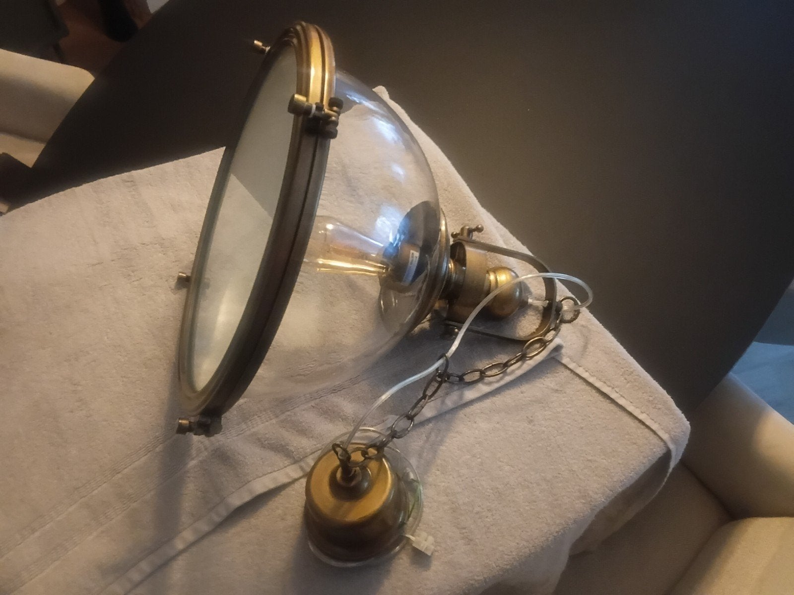 Vintage Messing Hanglamp met Glazen Kap, Ophalen of Verzenden