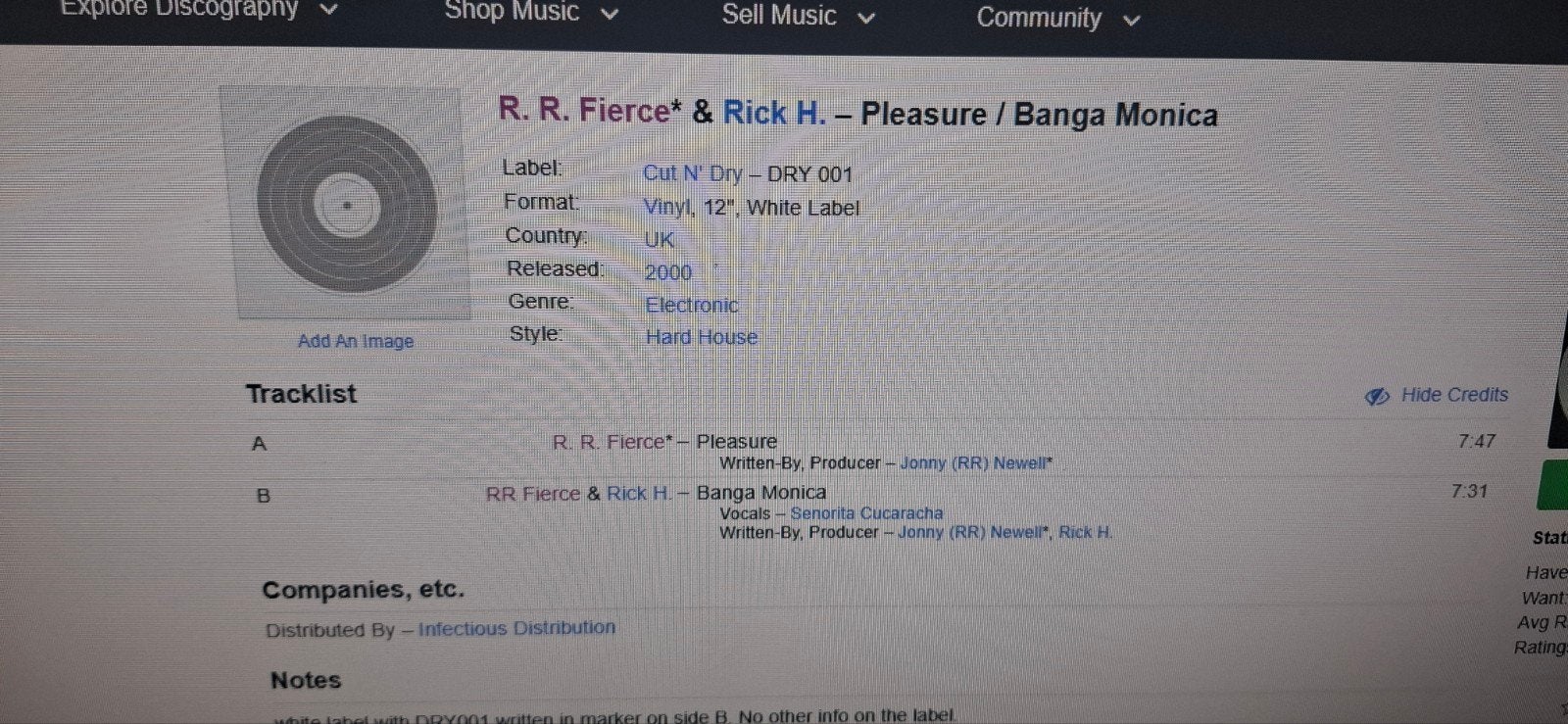 RR Fierce & Rick H – Pleasure / Banga Monica (UK hardhouse), Ophalen of Verzenden, Zo goed als nieuw, 12 inch