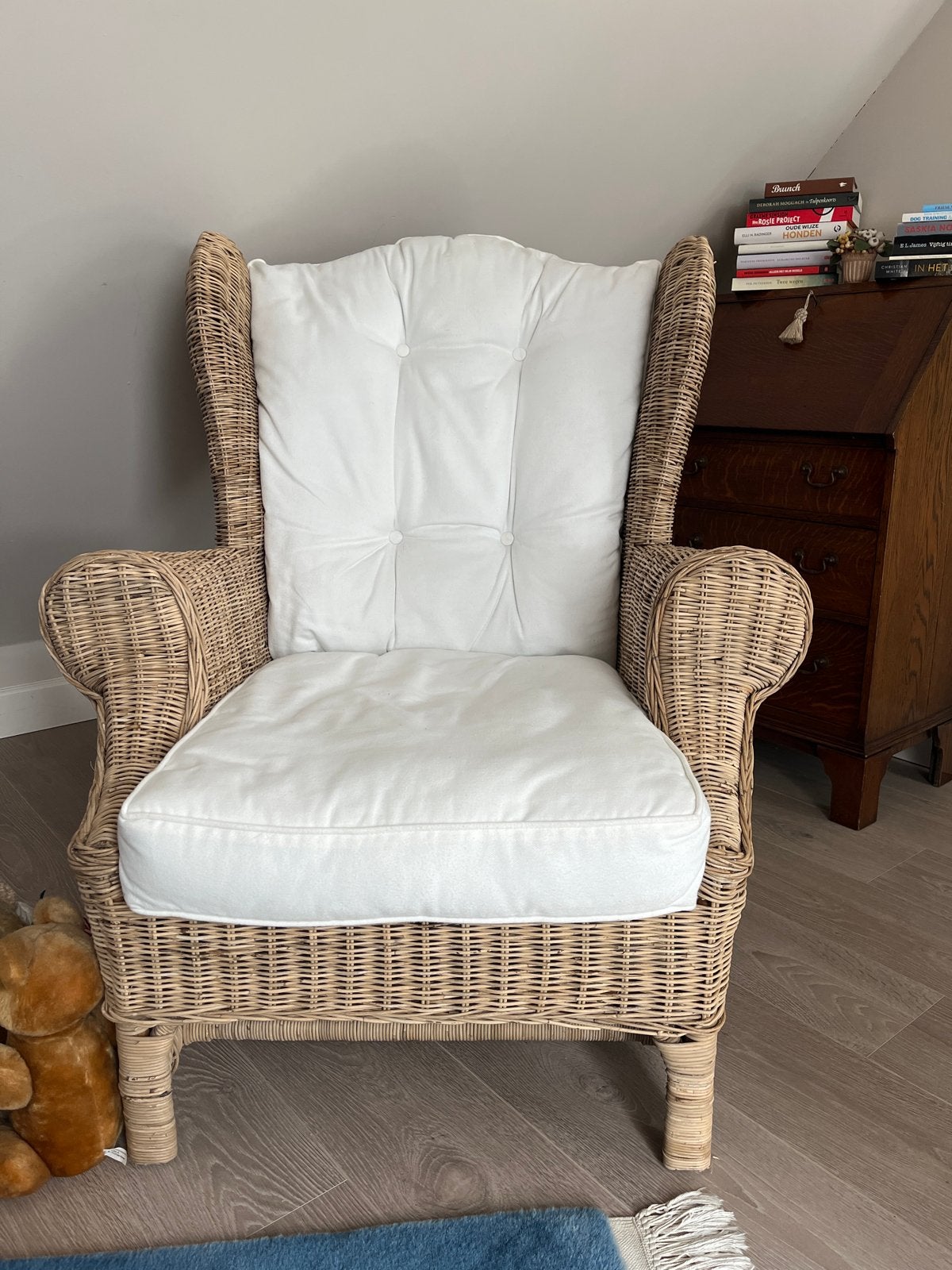 2 Riviera Maison rieten fauteuils met kussens, Ophalen, Gebruikt, Riet of Rotan, 75 tot 100 cm
