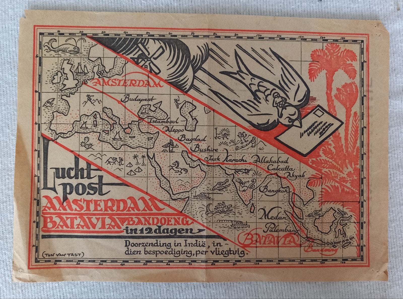 Luchtpostdienst Nederland-Indië flyer Ton van Tast, Ophalen of Verzenden, 1920 tot 1940, Nederland, Knipsel(s)