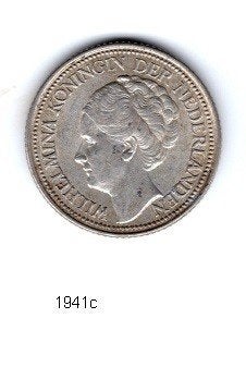 Munten Nederland 25 cent 1941 Wilhelmina, Ophalen of Verzenden, Koningin Wilhelmina, 25 cent, Losse munt