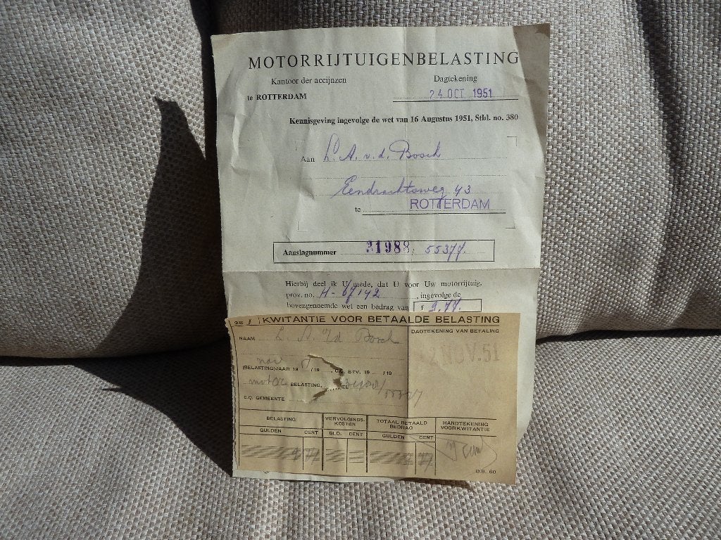 MOTORRIJTUIGEN BELASTING  1951  ( + KWITANTIE), Ophalen of Verzenden, 19e eeuw, Gelezen