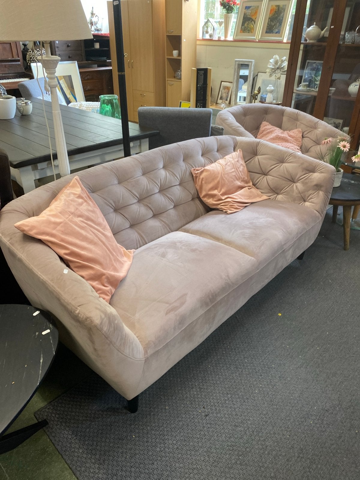 Bank en fauteuil in zachtroze, Ophalen of Verzenden, Gebruikt, Stof