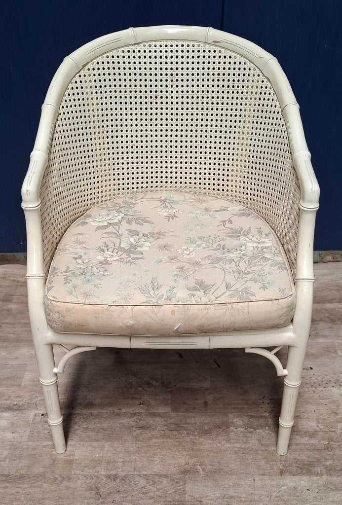 Vintage fauteuil bamboe / rieten stoel met webbing, Ophalen, Gebruikt, Wit, Vintage