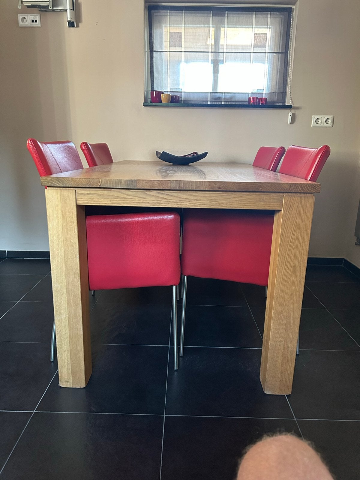 Keukentafel blank eiken met 4 stoelen, Ophalen, Gebruikt, Eikenhout, 50 tot 100 cm
