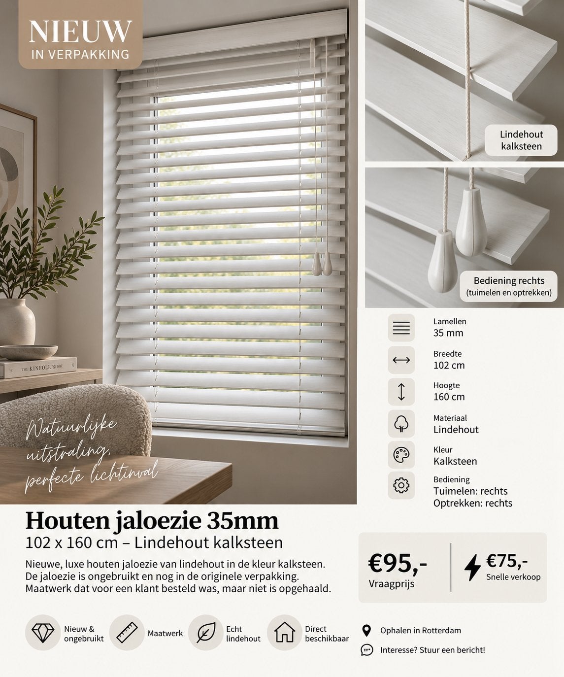 7.Nieuwe houten jaloezie 35mm 102x160 cm Lindehout kalksteen, Huis en Inrichting, Ophalen of Verzenden, Nieuw, 102 cm, 160 cm