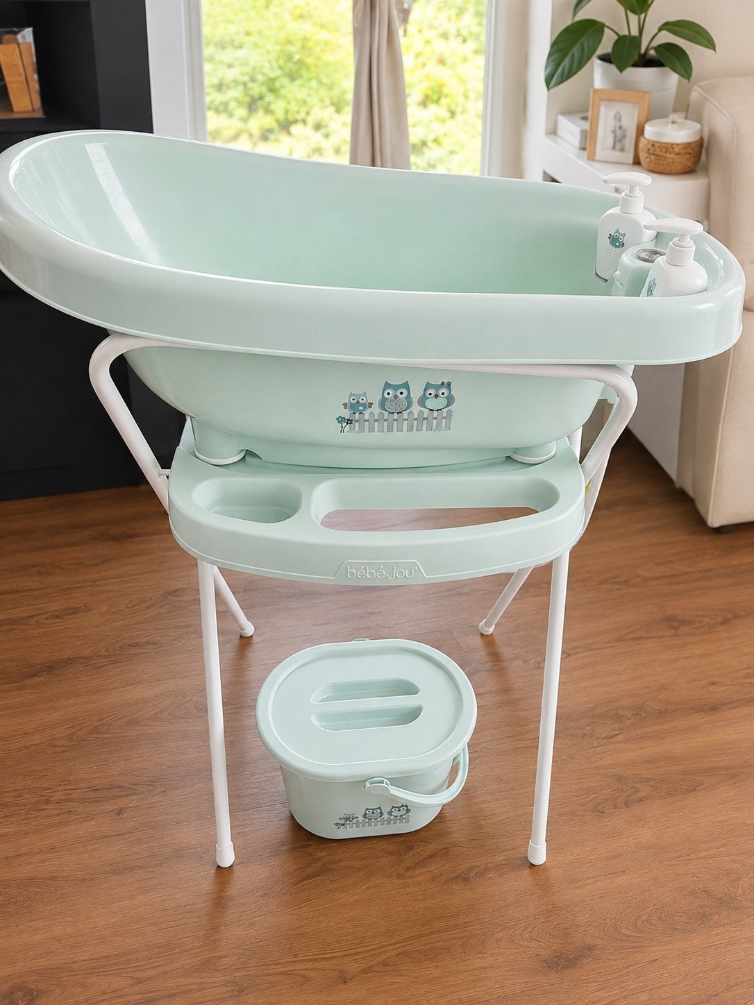Bébé-jou Babybadje met standaard en accessoires, Ophalen, Gebruikt, Badje, Bébé-jou