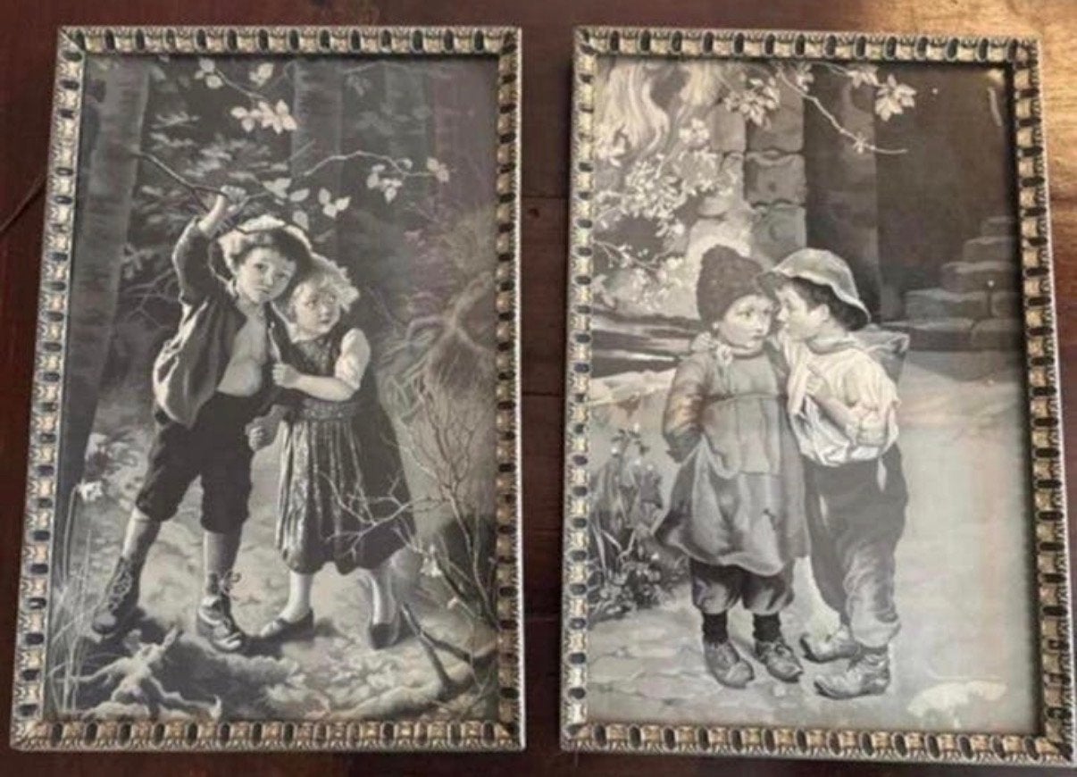 Vintage zilverkleurige lijsten met 19e-eeuwse kinderprenten, Ophalen of Verzenden