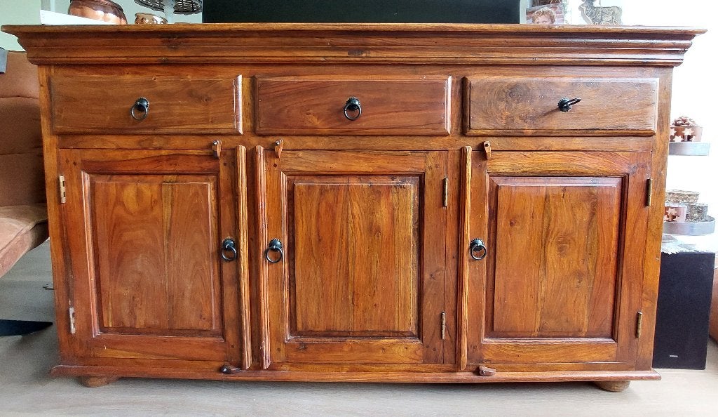 Massief hardhouten dressoir  160 cm – koloniale stijl, Ophalen, Gebruikt, Met deur(en), 150 tot 200 cm