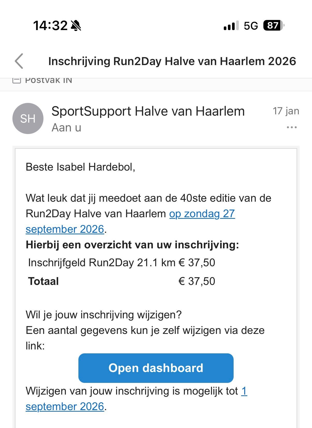Startnummer halve van Haarlem 2026 te koop, Eén persoon, September