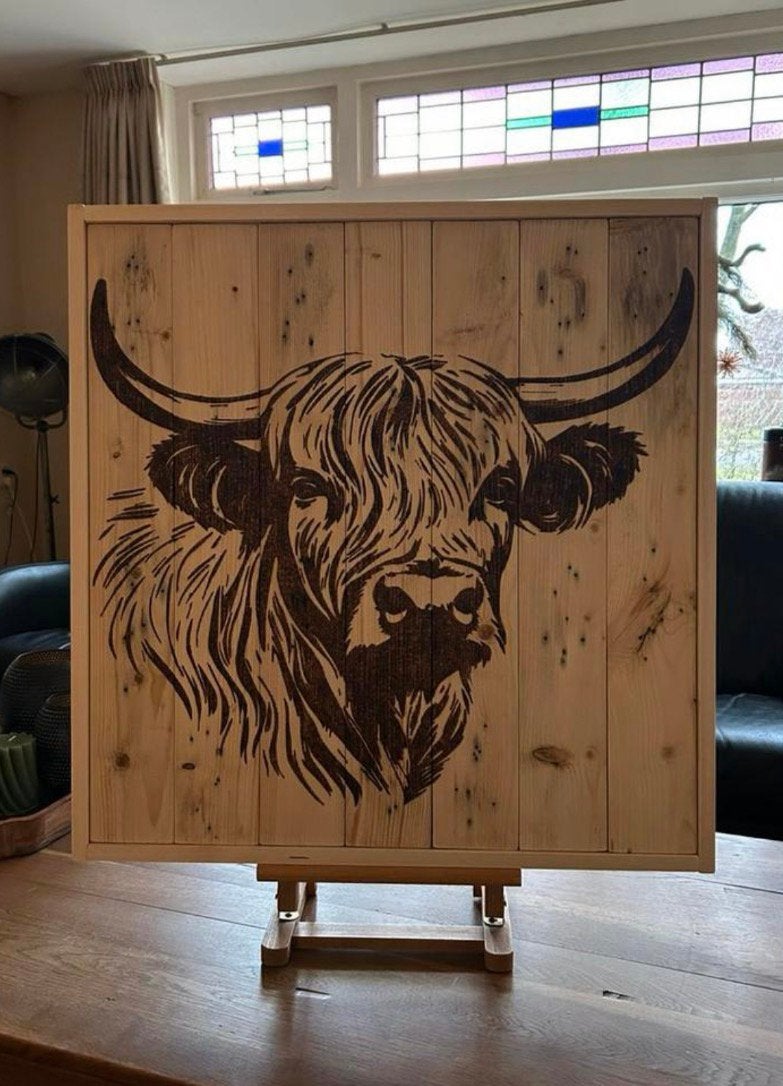 Wandbord “Schotse Hooglander”, nu van €75 voor €65!, Hout, Nieuw, Wandbord of Wandpaneel, Gesigneerd