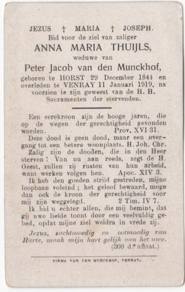 Anna Maria Thuijls 1844 Horst + 1919 Venray, 74 jaar, Verzenden