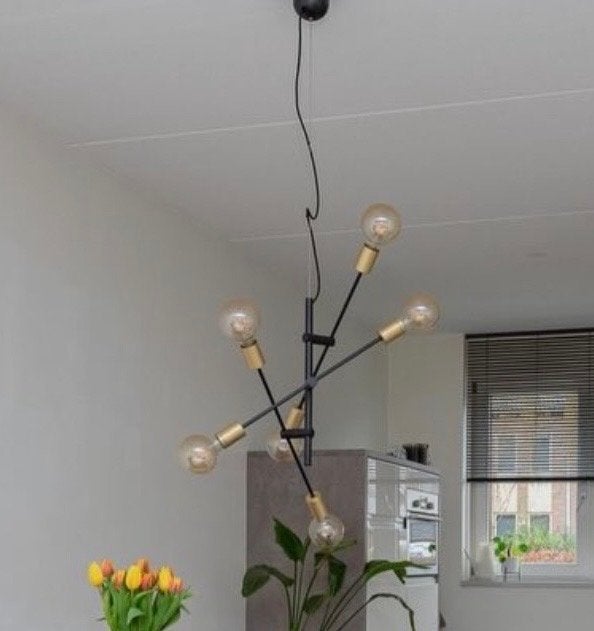 Moderne Sputnik Hanglamp Zwart/Goud met 6 Lichtpunten, Ophalen, Gebruikt, Metaal, E27 (groot)