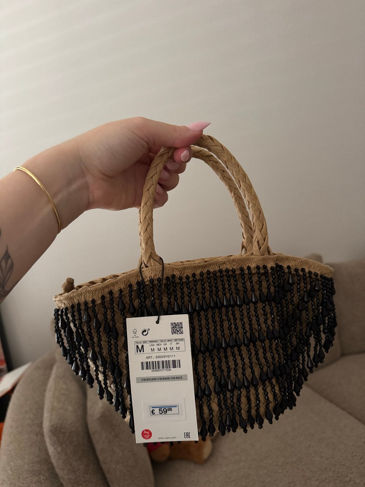 Zara rieten tasje met kralen en schouderketting, Ophalen of Verzenden, Nieuw, Bruin, Avondtasje