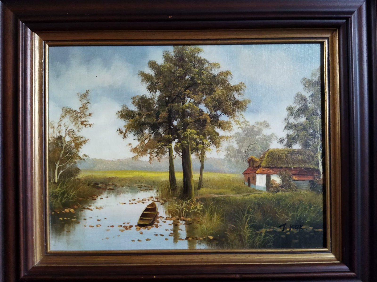 Schilderij J. Kok - Landschap met huisje en bootje, Antiek en Kunst, Kunst | Schilderijen | Klassiek, Ophalen of Verzenden