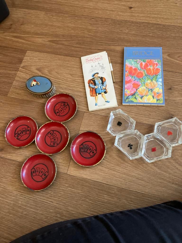 Vintage Bridge Spelset: Kaartborstel, Schaal en bakjes, Drie of vier spelers, Ophalen of Verzenden, Gebruikt