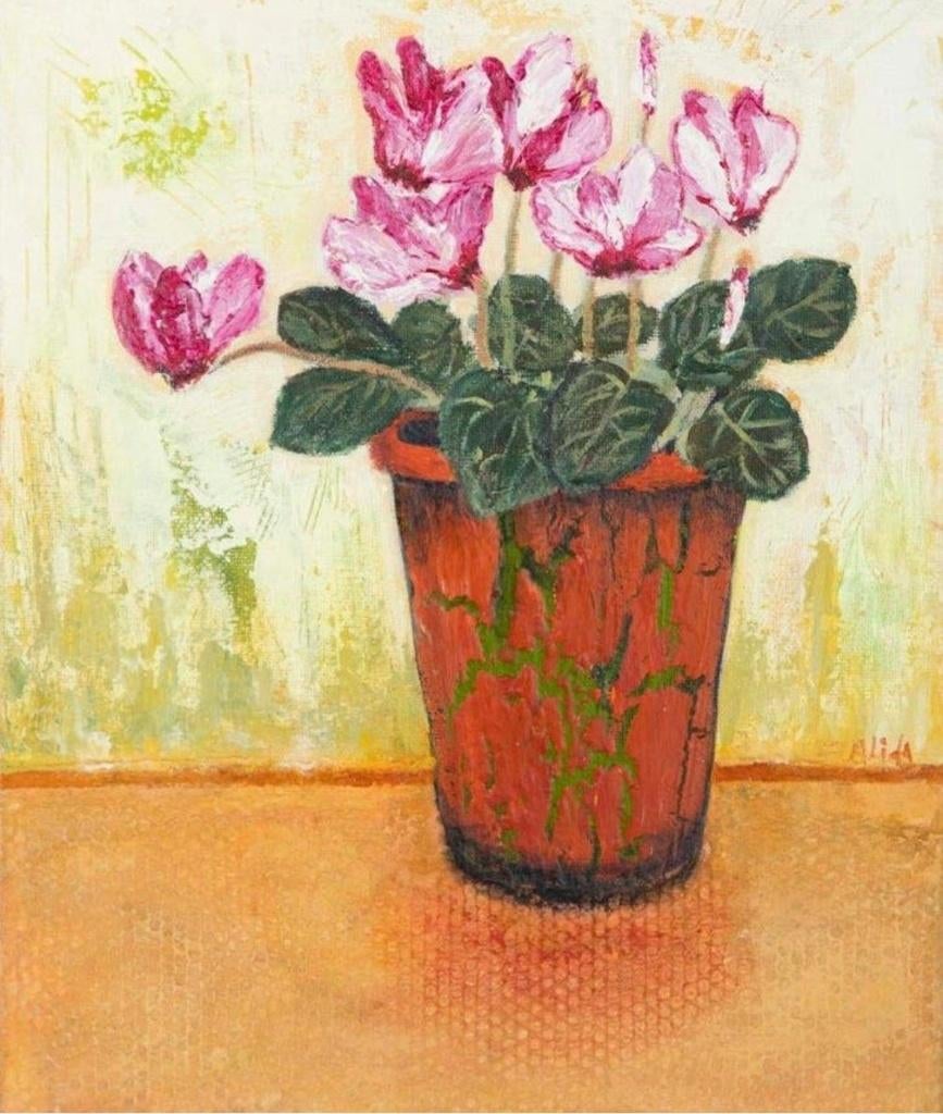 Bloemen origineel schilderij acrylverf – Roze cyclamen, Ophalen
