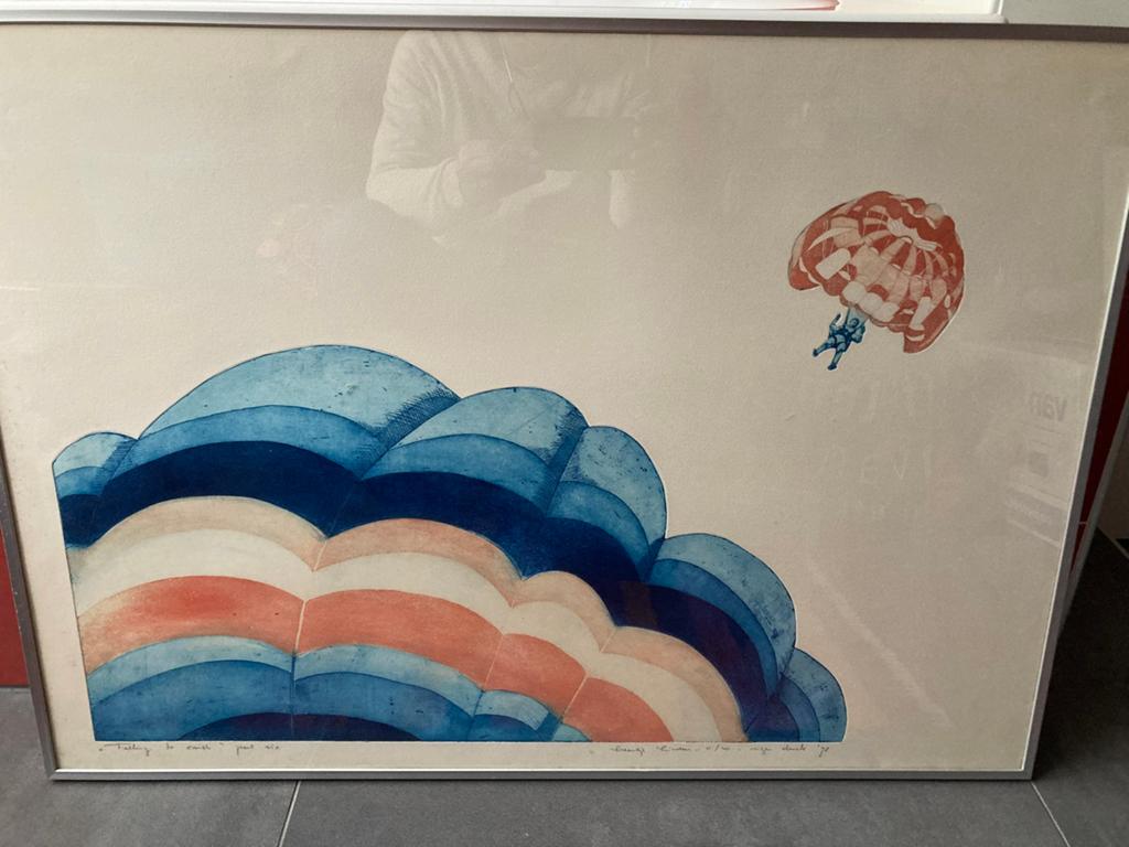 Leentje Linders falling to earth zeefdruk parachute sprong, Antiek en Kunst, Ophalen of Verzenden