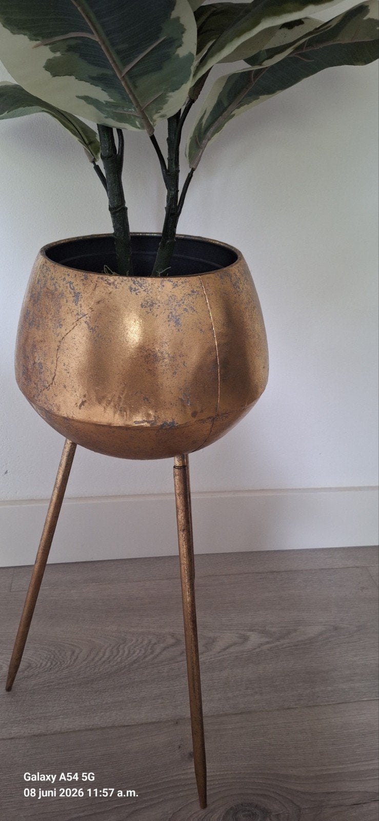 Goudkleurige metalen moderne bloempot op poten , Ophalen of Verzenden, Volle zon, Minder dan 100 cm