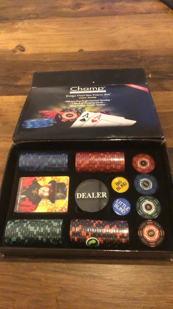 Texas hold’m pokerset, Verzamelen, Automaten | Gokkasten en Fruitautomaten, Ophalen, Zo goed als nieuw