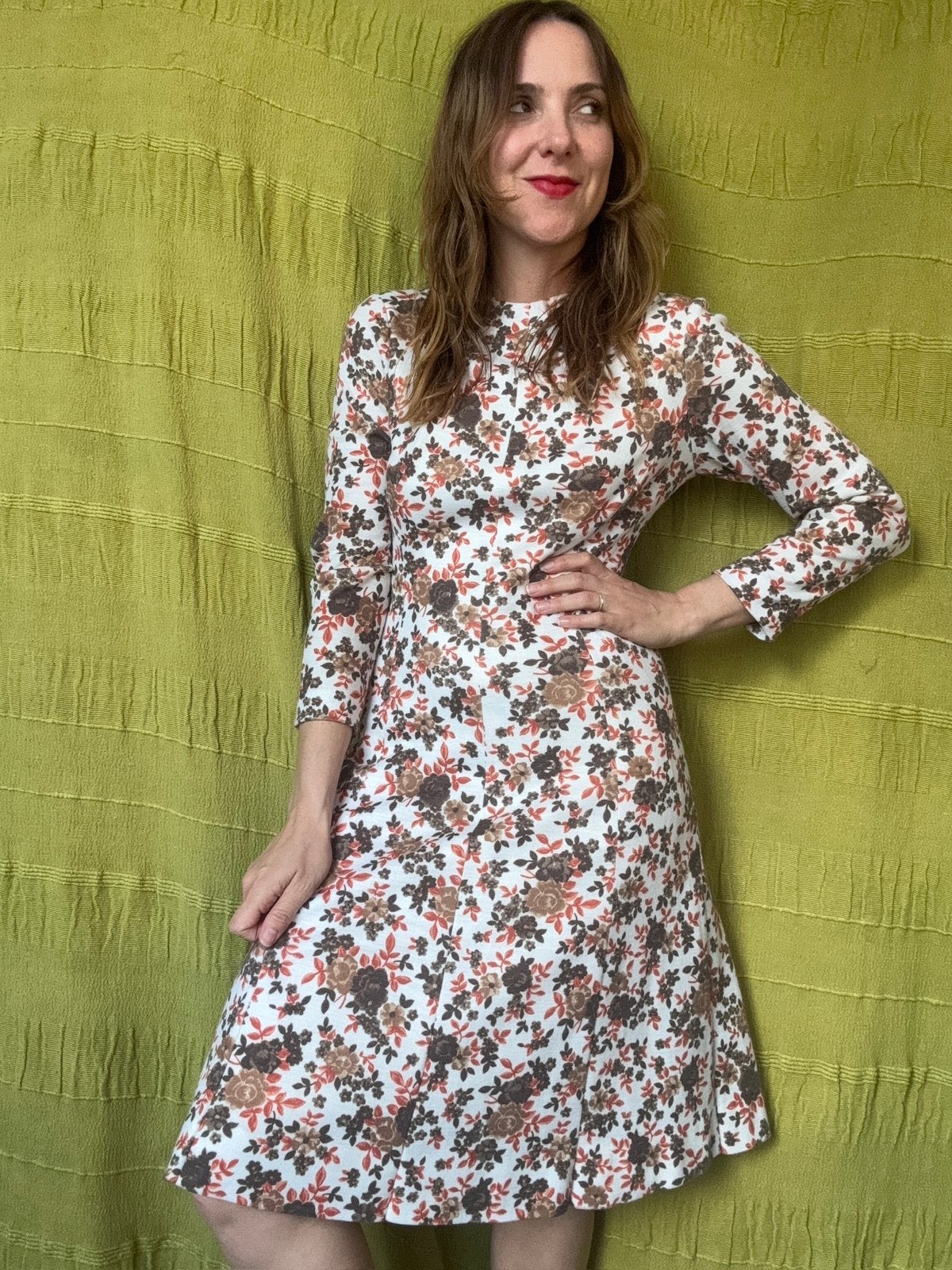 Vintage jurk met binnenvoering- print - 70s, Kleding | Dames, Hgv, Hgv, Ophalen of Verzenden, Maat 36 (S)