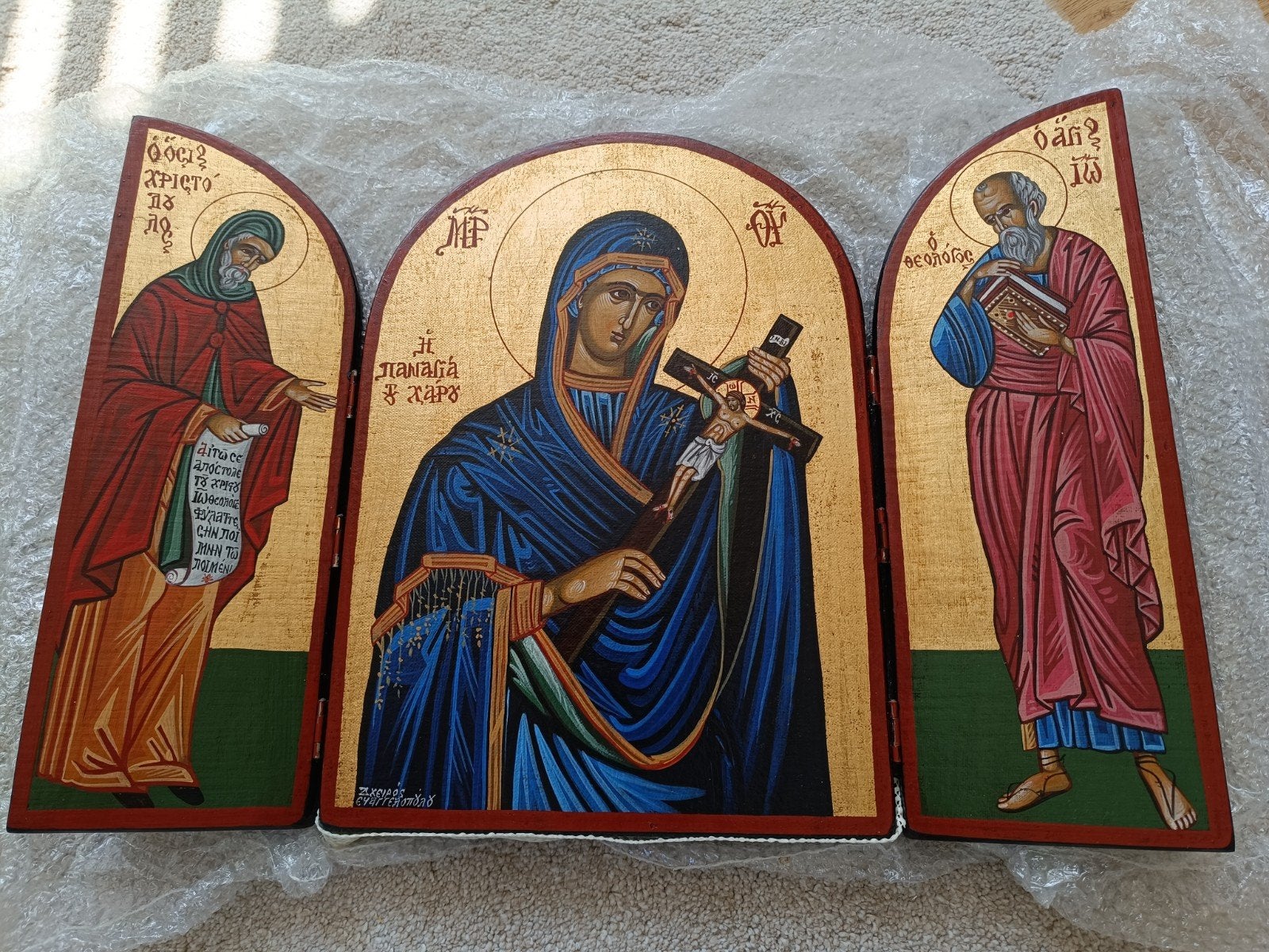 Handgeschilderd drieluik icoon - Grieks-orthodox, Ophalen of Verzenden