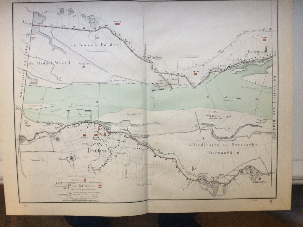 Druten, Dodewaard, 1872., Antiek en Kunst, Kunst | Etsen en Gravures, Verzenden, Cartografie, Origineel, 51 cm