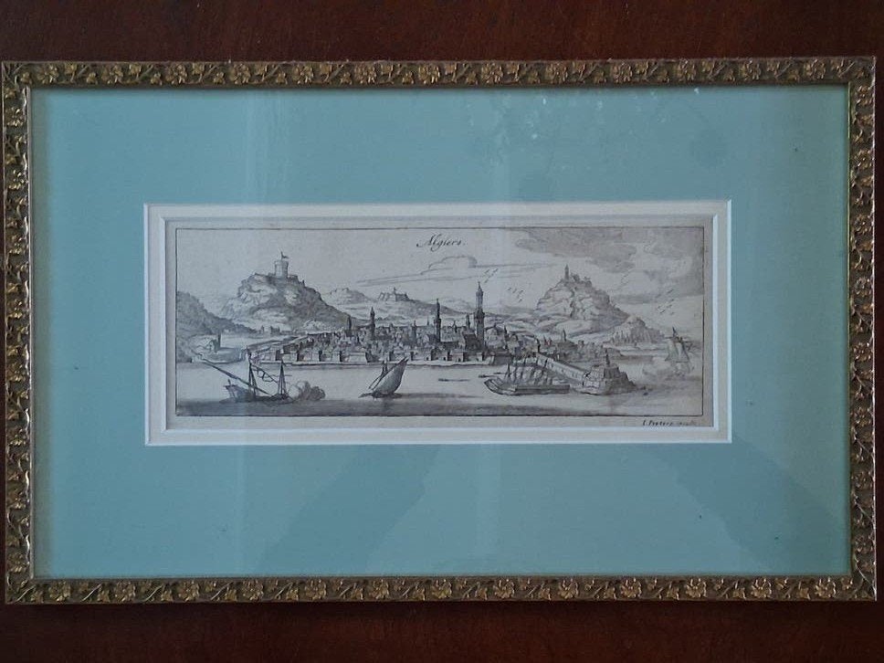 Antieke Ets 'Algiers' - Stadsgezicht met Minaretten, Antiek en Kunst, Kunst | Etsen en Gravures, Ingelijst, Ets, Stadsgezicht