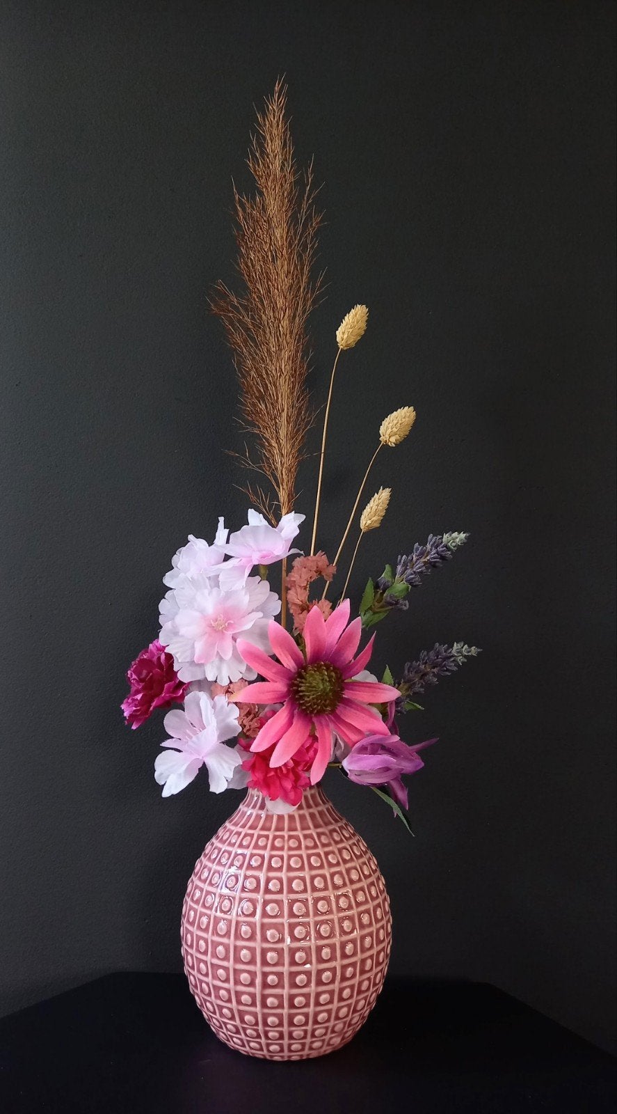 Kunst- en Droogbloemen gebonden boeket met roze vaas H50 cm, Ophalen of Verzenden, Nieuw