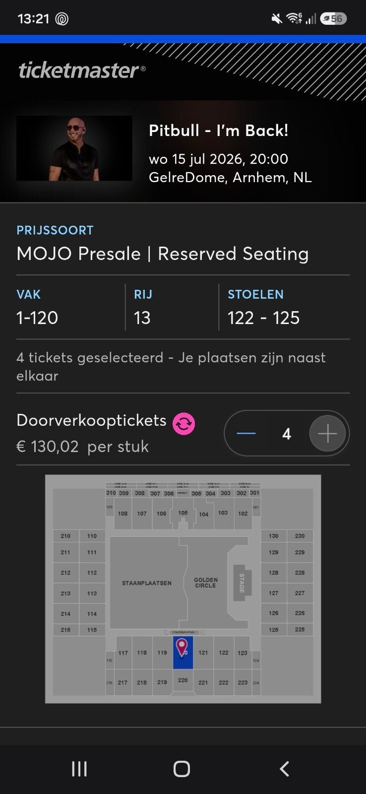 Pitbull concert kaartjes 4 stuks Gelredome woensdag 17 juli, Tickets en Kaartjes, Drie personen of meer, Juni
