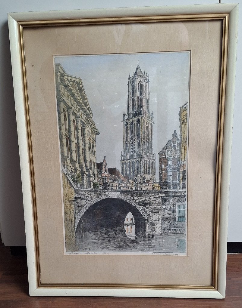 Stadhuis en Dom te Utrecht door Marius Johannes Janssen, Ets, Stadsgezicht, 67 cm, 49 cm