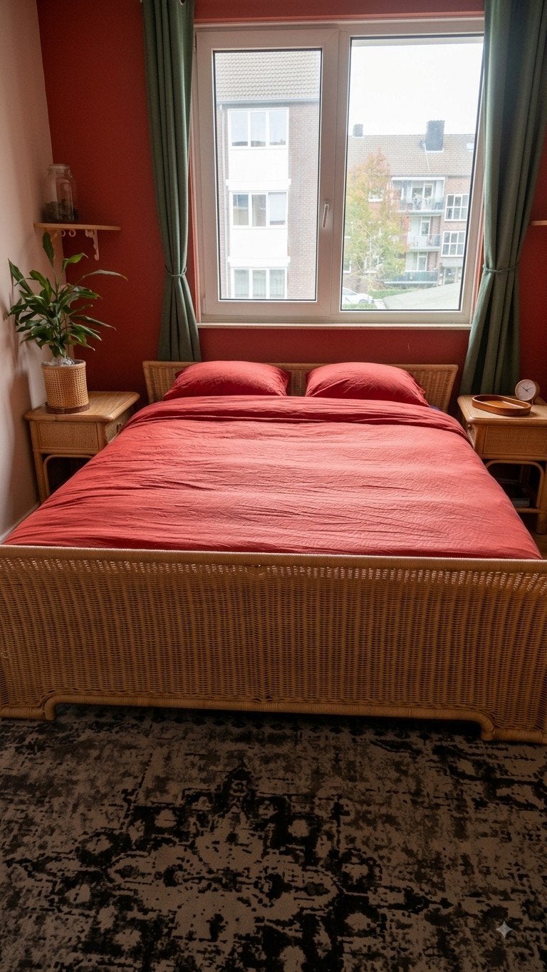 Rotan tweepersoonsbed 160x200 cm, Ophalen, Overige materialen, Gebruikt, Bruin