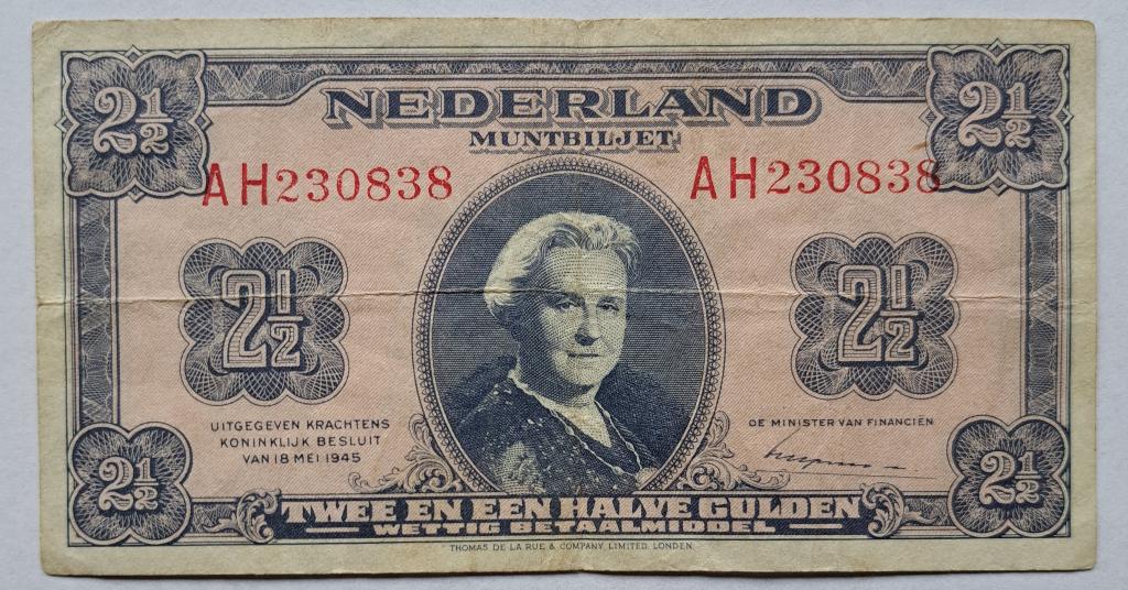 Bankbiljet 2 1/2 gulden 1945, Postzegels en Munten, Bankbiljetten | Nederland, Ophalen of Verzenden, 2½ gulden, Los biljet